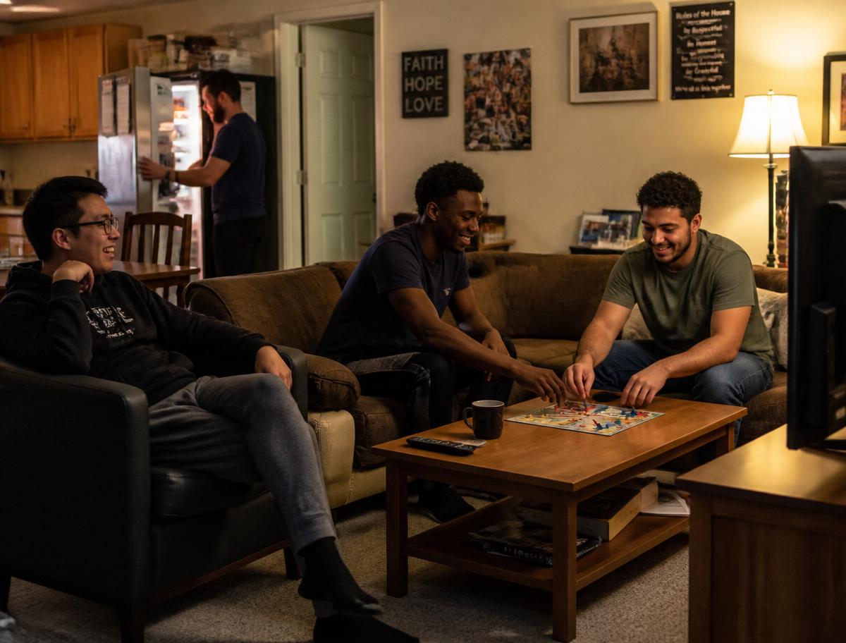 Residents relaxing, playing games, and enjoying the house together