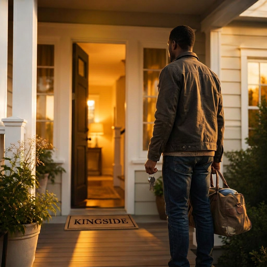 A man arriving at a Kingside house with his bag and keys